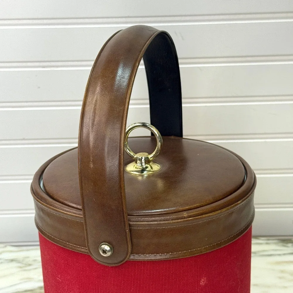 Vintage Ice Bucket Red Fabric Brown Vinyl Mid Century Barware 70s
